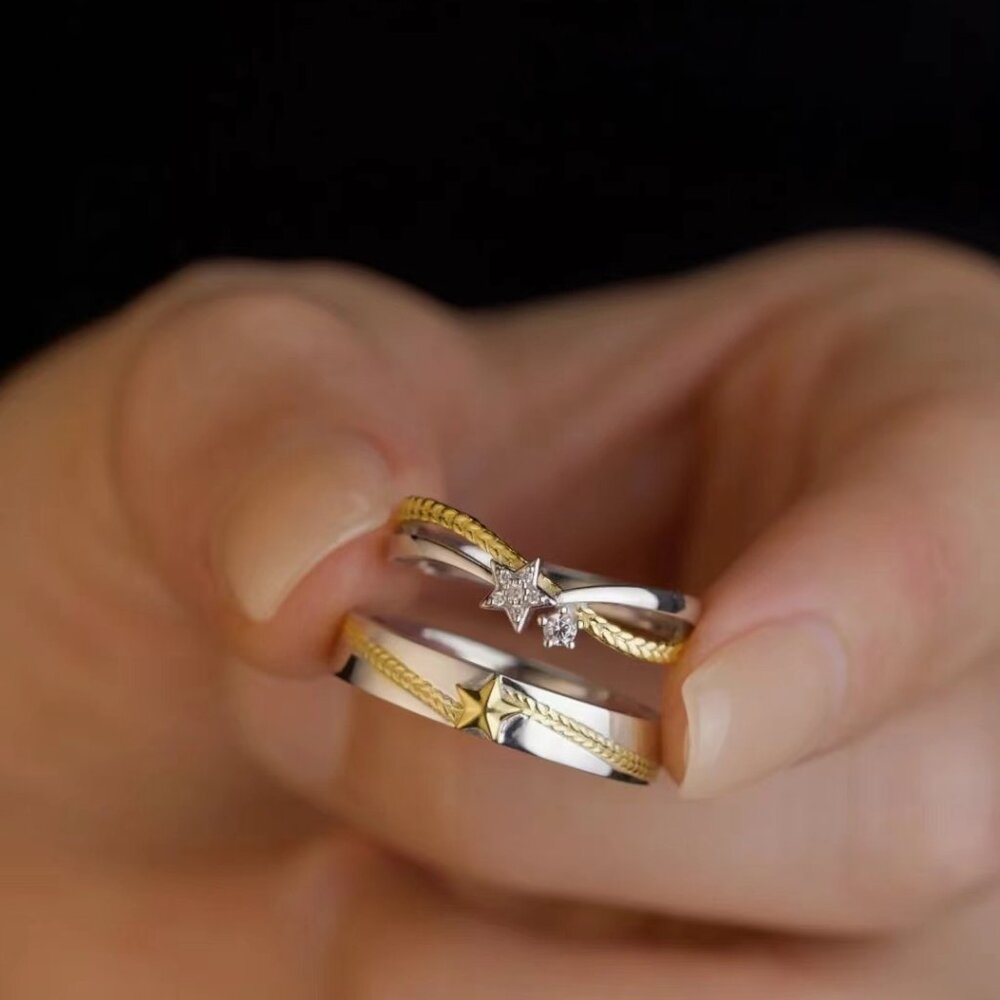 Couple’s Adjustable Star Pattern Rings Matching M… - image 1